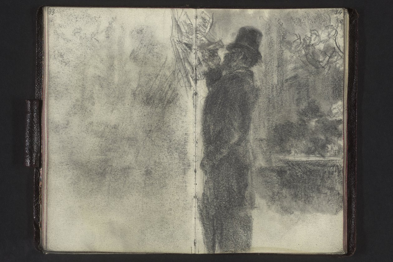 Mann med flosshatt og paraply som ser på lapper som henger på veggen av Adolph Menzel