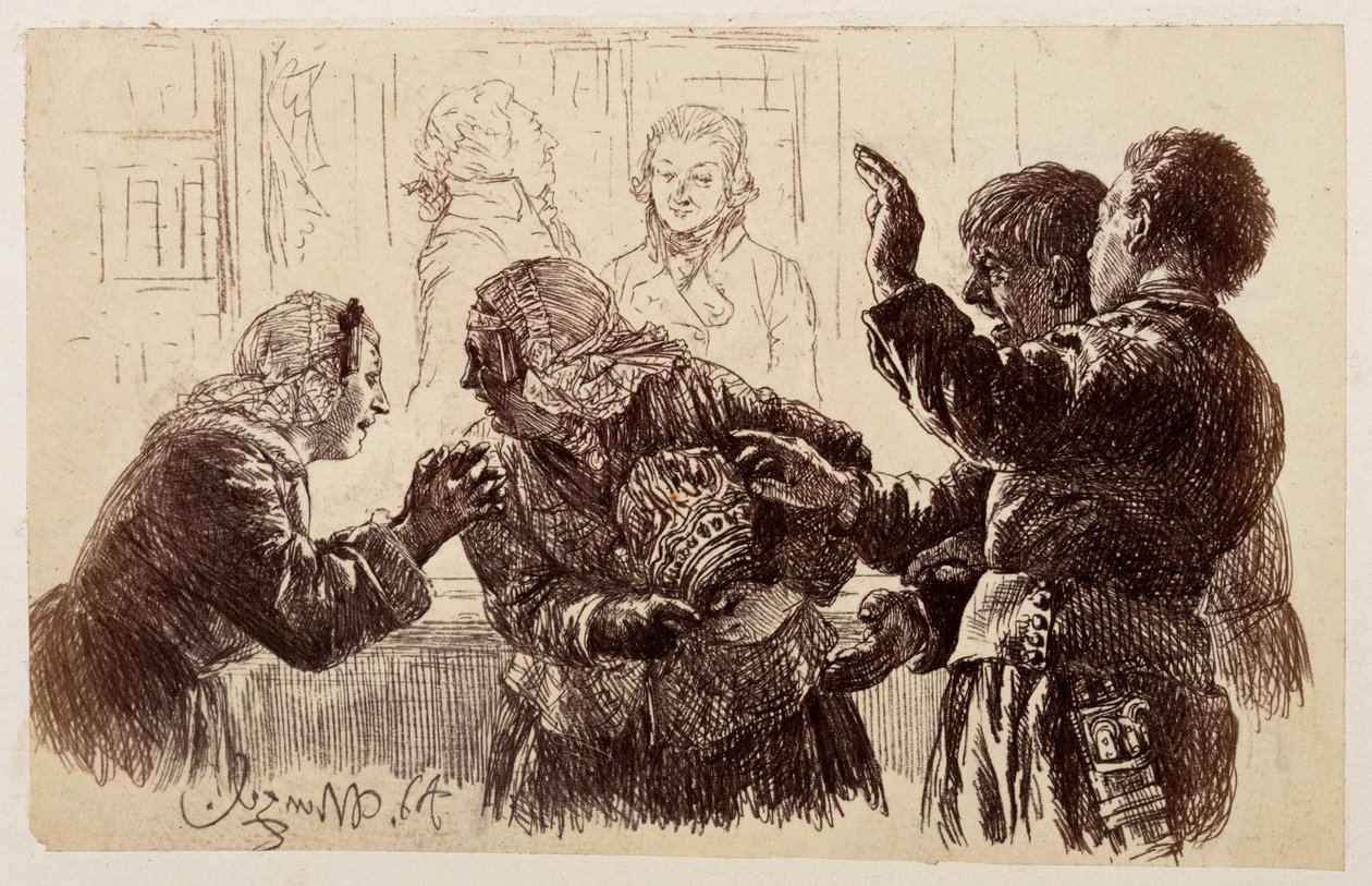 Marthe, med krukkefragmentene i armene, står mellom Veit og Ruprecht, mens Eve bønnfaller moren om å avstå fra å klage, etter Heinrich von Kleists «Den knuste krukken» av Adolph Menzel