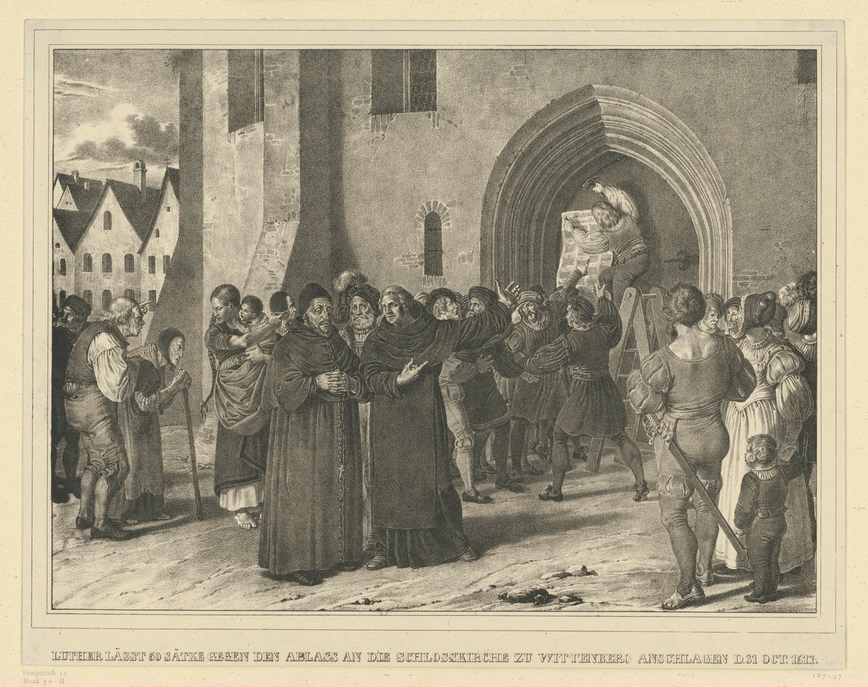 Den 31. oktober 1517 fikk Martin Luther sine 95 teser mot avlatene slått opp på slottkirken i Wittenberg av Adolph Menzel