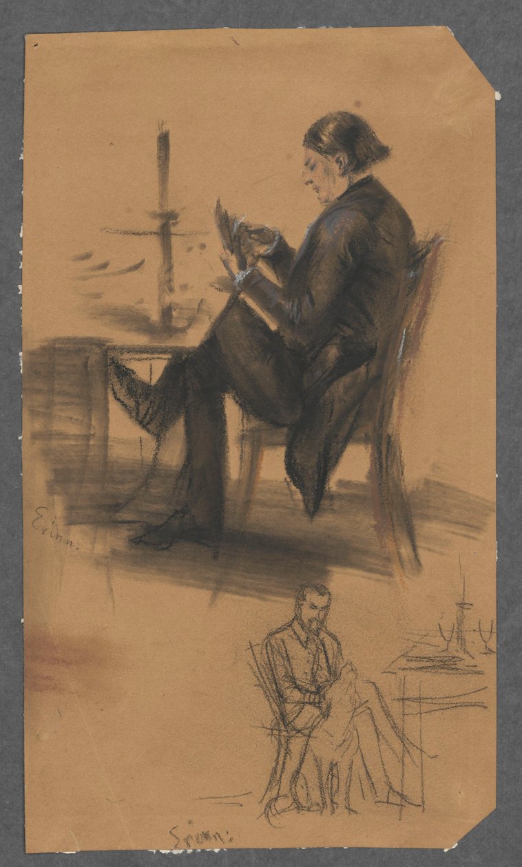 En mann med kort i hånden, ved et spillbord (øverst); en mann som sitter ved bordet og klapper en hund (nederst) av Adolph Menzel