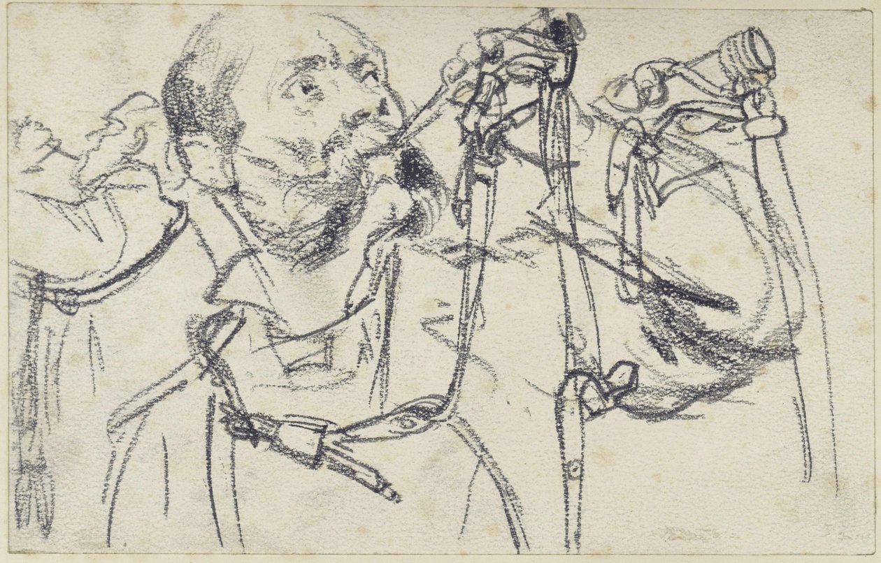 Modell som blåser i jakt hornet til Johann Georg I av Sachsens smaragdgrønne jaktvåpensett, sett fra tre vinkler, Historisk museum, Dresden av Adolph Menzel