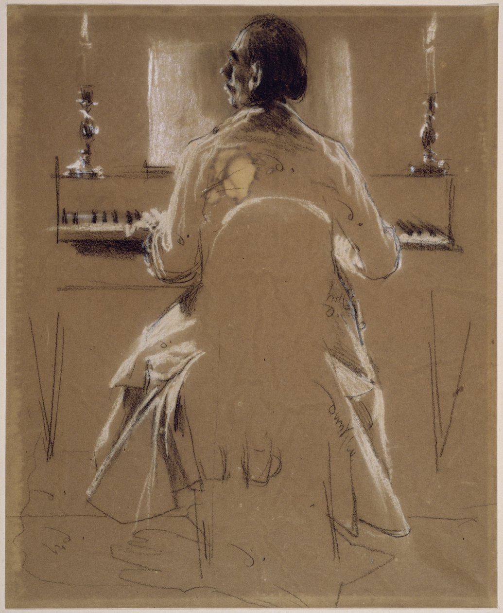 Modellstudie (Menzels bror Richard) til Philipp Emanuel Bach ved pianoet eller hammerklaveret. Forstudie til maleriet «Fredrik den stores fløytekonsert i Sanssouci» av Adolph Menzel
