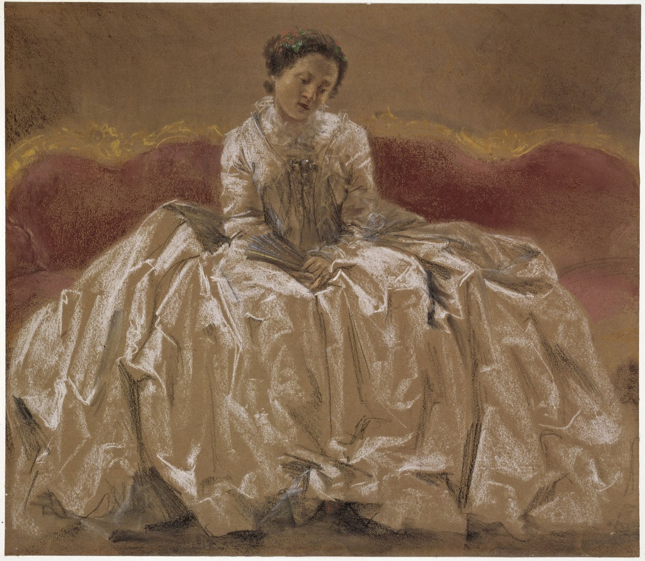 Modellstudie (Menzels søster Emilie) av prinsesse Wilhelmine av Preussen (markgrevinne Wilhelmine av Bayreuth) sittende på sofaen. Forstudie til maleriet «Friedrich den stores fløytekonsert i Sanssouci» av Adolph Menzel