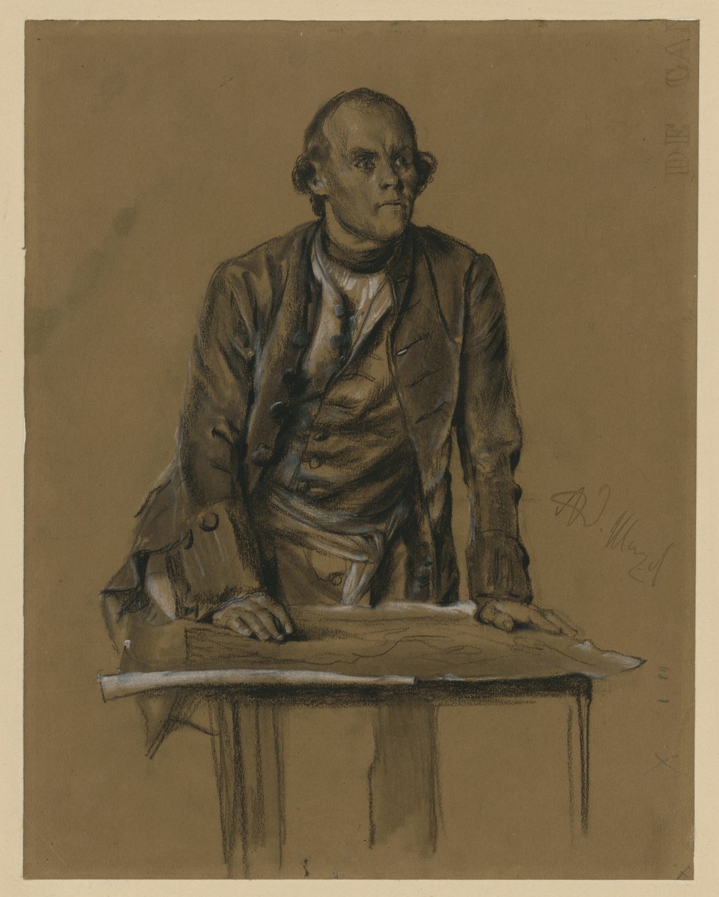 Modellstudie av prins Heinrich av Preussen, halvfigur sett forfra, bøyd over et bord, «Fra kong Fredriks tid. Helter i krig og fred», 1856 (jf. Bock 1071) av Adolph Menzel