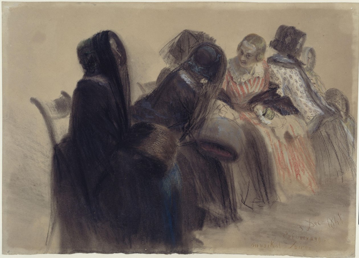 Musikalsk kveldssamling: seks damer sitter på stoler i en rekke som strekker seg mot høyre og inn i dybden, noen av dem i samtale av Adolph Menzel