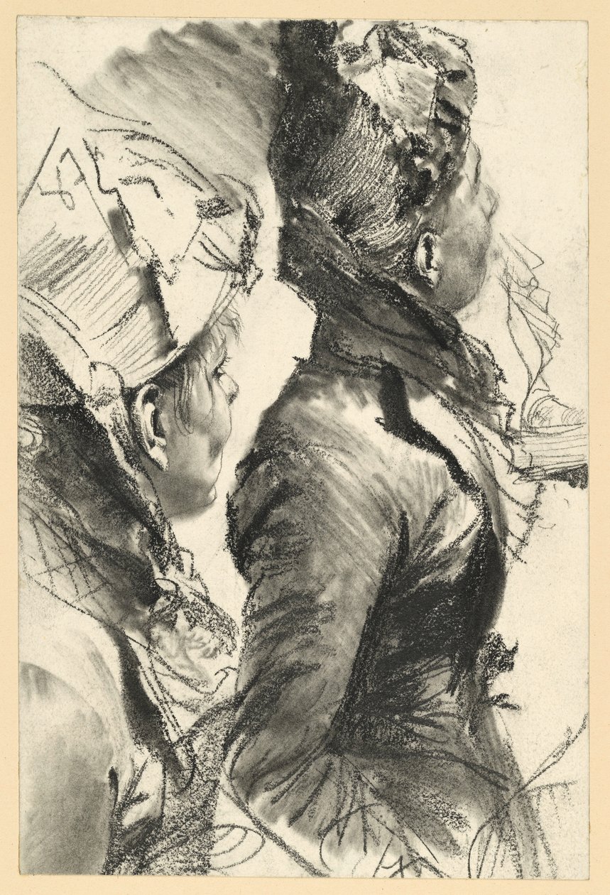 Kvinne med hatt som ser opp mot høyre, halvfigur i profil, to studier av Adolph Menzel