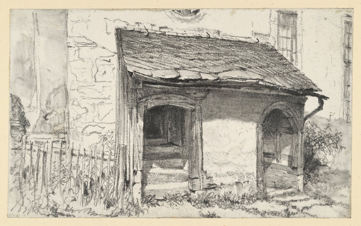 Lavt forbygg til en kirke med to innganger og gjerde av Adolph Menzel