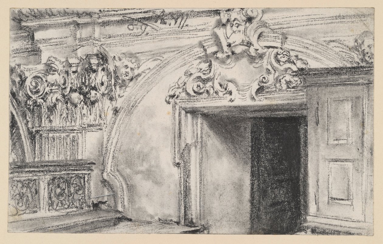 Øvre del av dørinnfatningen til et sakristi med treskap av Adolph Menzel