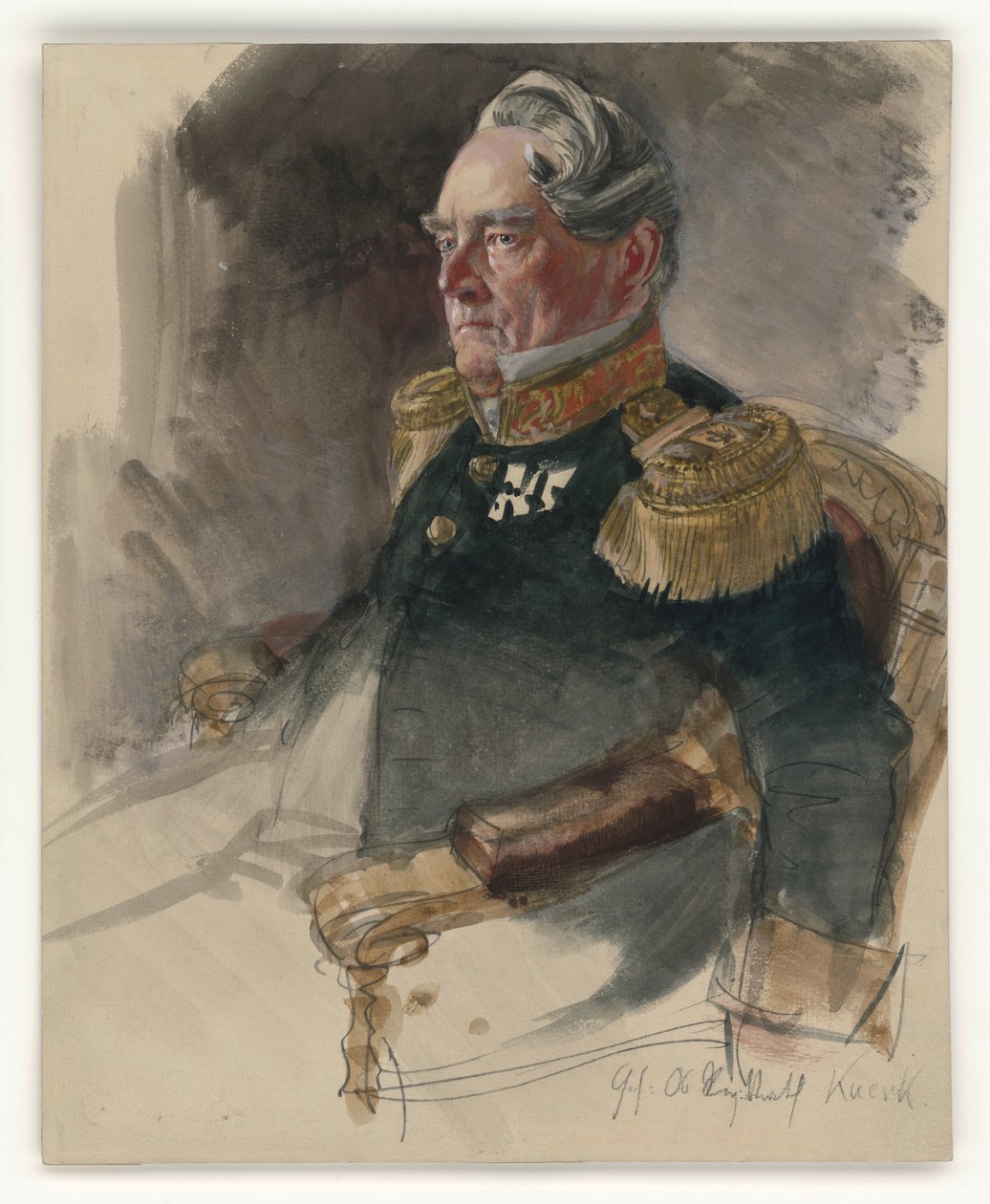 Overregjeringsråd Knerk, brystbilde vendt mot venstre, trekvartprofil, med angivelse av den portretterte, portrettstudie til maleriet "Kroningen av Vilhelm I i Königsberg" av Adolph Menzel