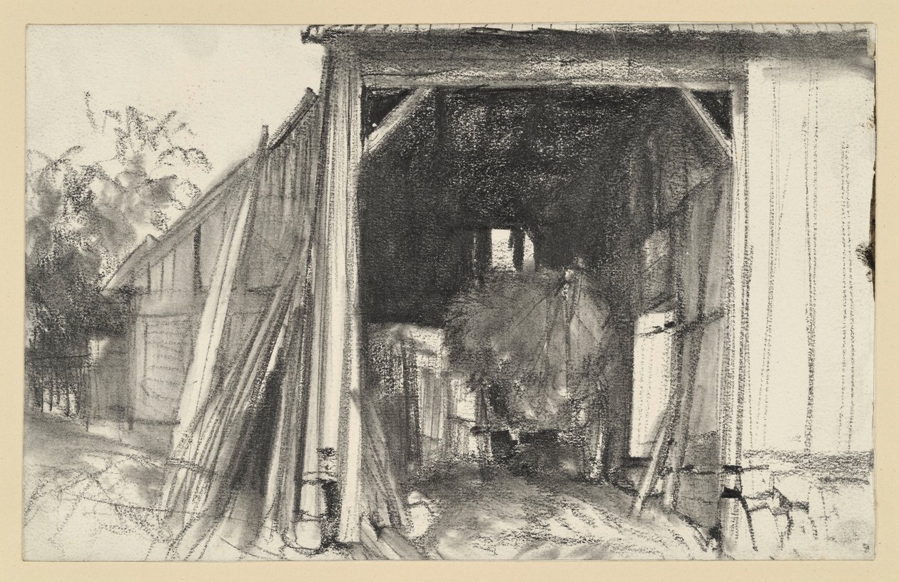 Åpen låve med en vogn lastet med halm av Adolph Menzel
