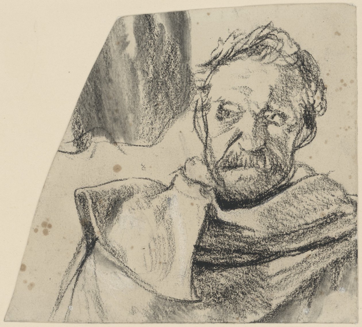 Offiser i frakk, uten hodeplagg, brystbilde sett forfra. Studie til det ufullførte maleriet «Friedrich II.s tale til generalene sine før slaget ved Leuthen» av Adolph Menzel