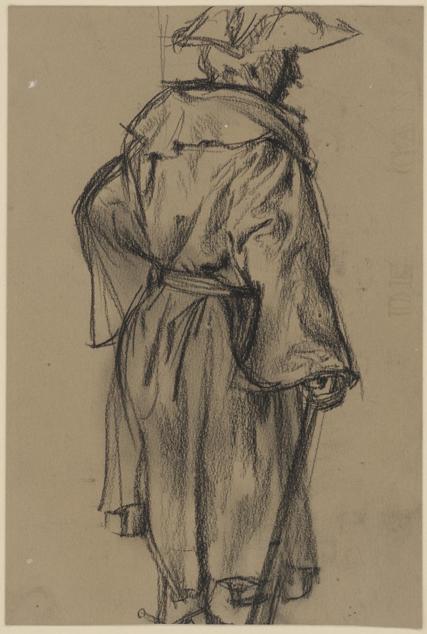 Offiser med frakk og hatt, med stokk i høyre hånd, sett halvt bakfra mot høyre. (Stillingsstudie av Moritz von Anhalt-Dessau) av Adolph Menzel