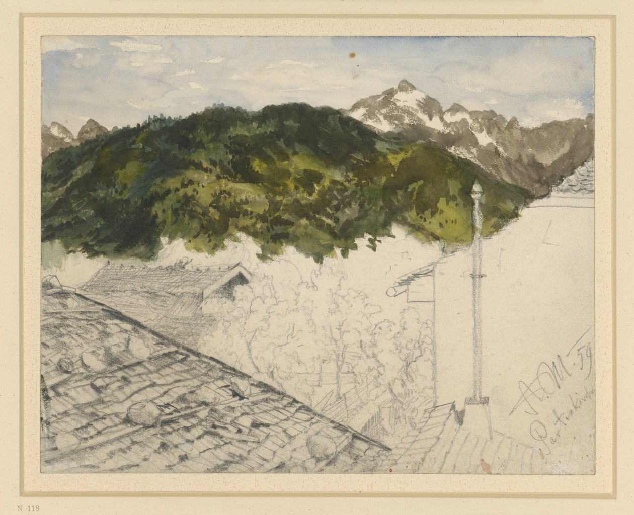 Partenkirchen, utsikt over fjellene og gårdshusene av Adolph Menzel