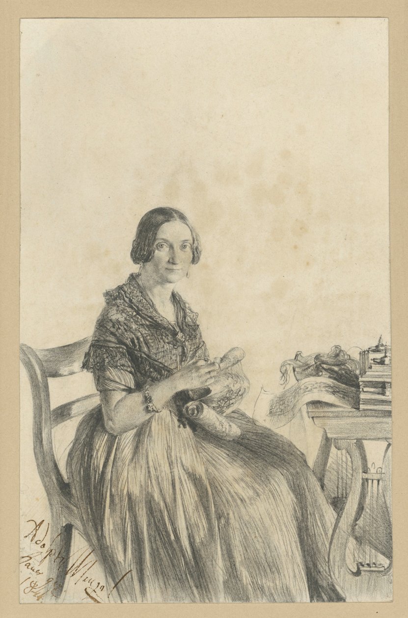 Pauline Martini, født Dambke, sitter ved bordet og ser mot betrakteren av Adolph Menzel
