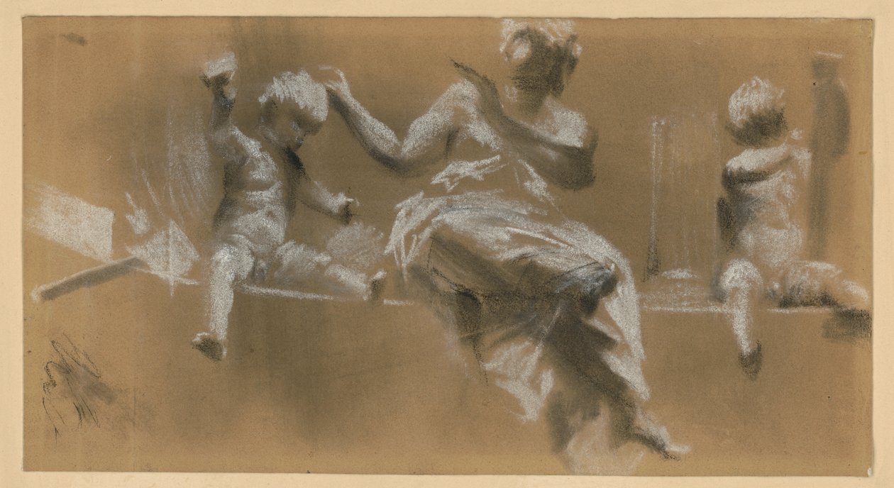 Skulpturelt verk på en gesims, allegorisk kvinnelig figur flankert av putti som symboliserer malerkunsten (t.h.) og billedhuggerkunsten (t.v.), se kat. 159 av Adolph Menzel
