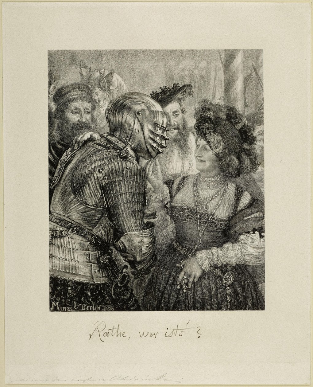 Gjett hvem det er? Scene på et maskeball i ridderdrakt. Til Det tyske kunstneralbumet, årgang 1867 av Adolph Menzel