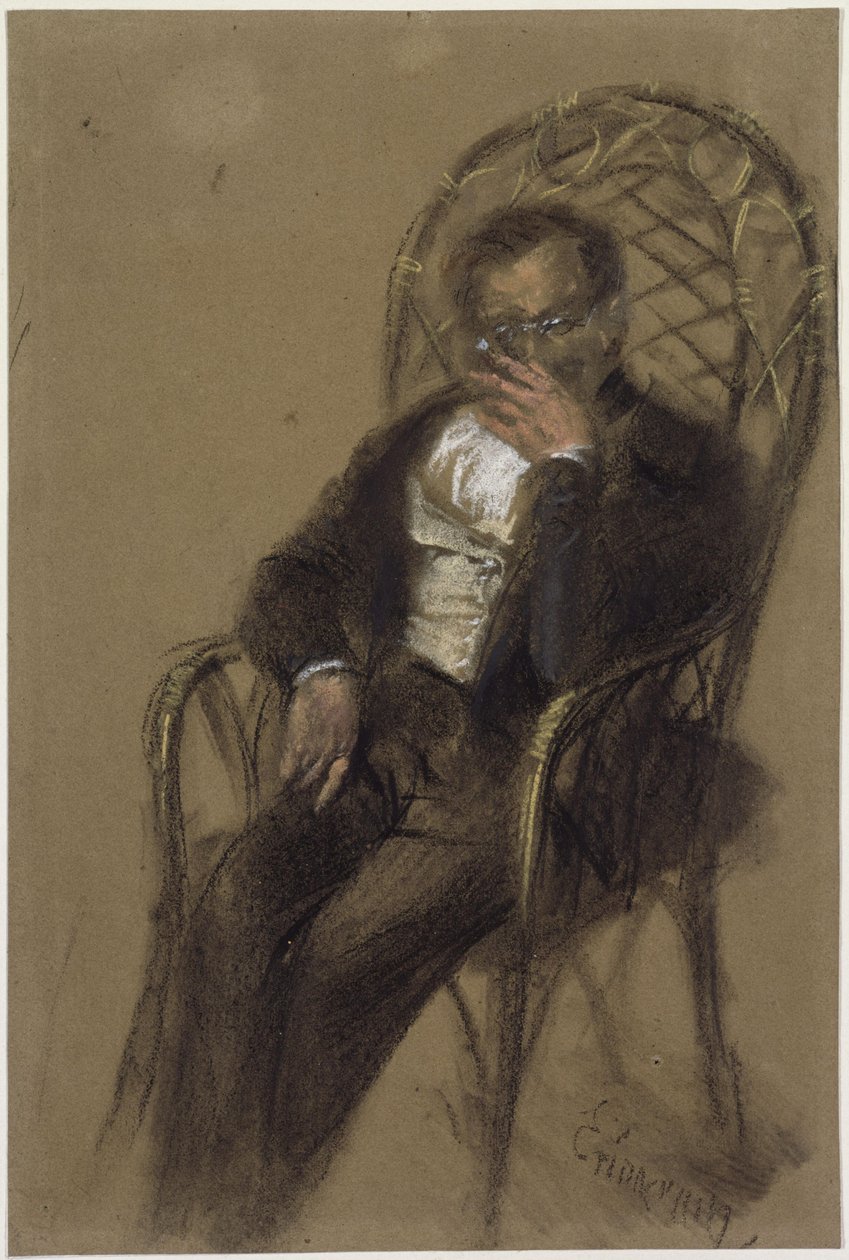 Røykende herre med briller sittende i en kurvstol av Adolph Menzel