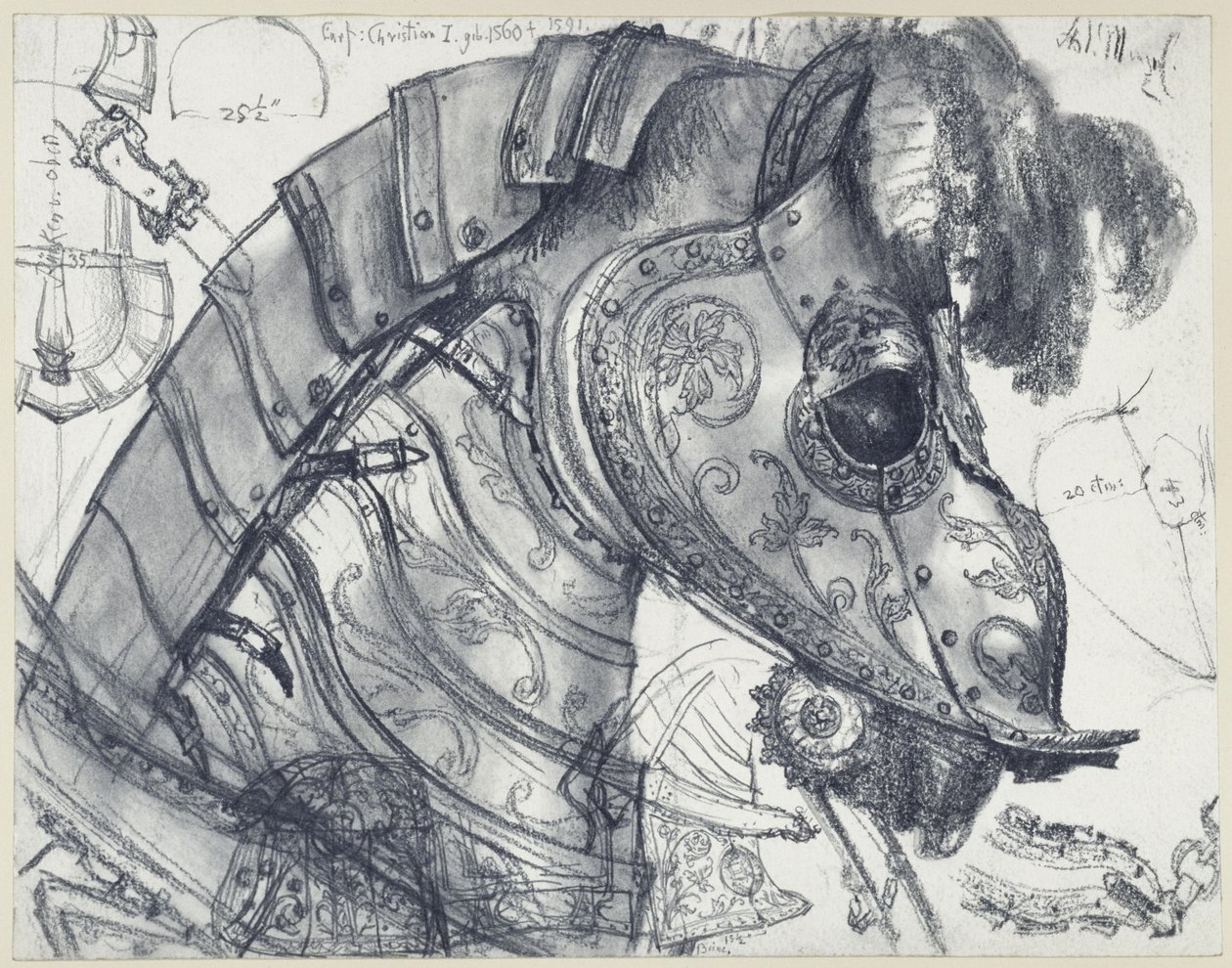 Hesterustning og paradrustning for kurfyrste Christian I av Sachsen og hans hest, vist fra ulike vinkler og med målskisser, Historisk museum, Dresden av Adolph Menzel