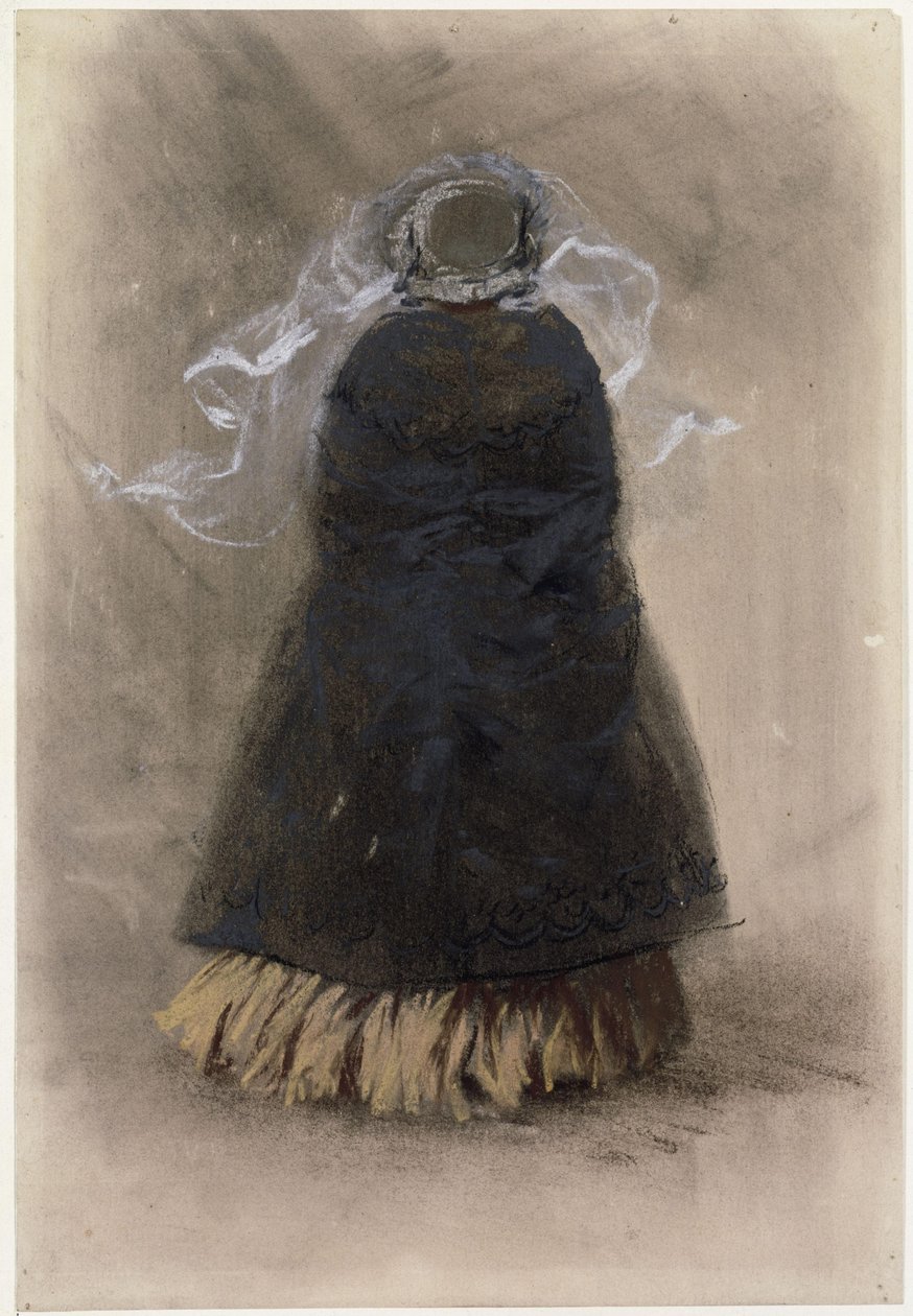 En dame sett bakfra med hatt og flagrende slør av Adolph Menzel