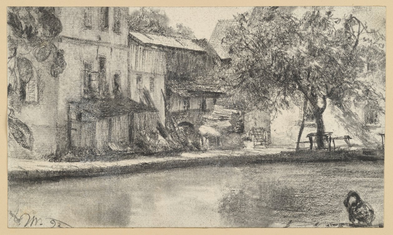 Baksiden av en husrekke og et tre ved vannet av Adolph Menzel