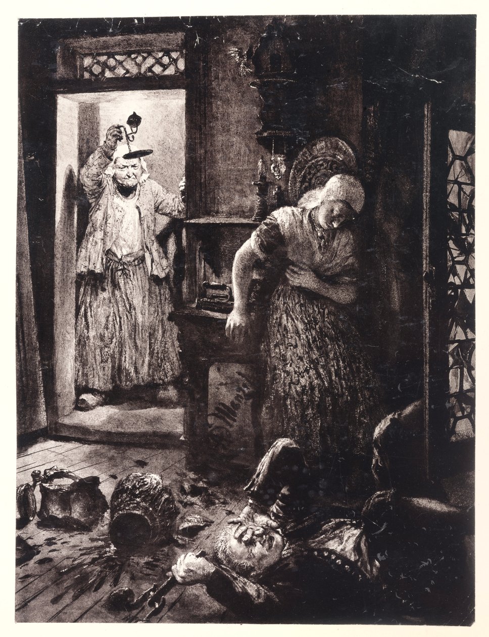 Ruprecht ligger med dørhåndtaket i hånden på gulvet på Evas rom. Marthe kommer med lampen, til Heinrich von Kleists «Den knuste krukken» av Adolph Menzel