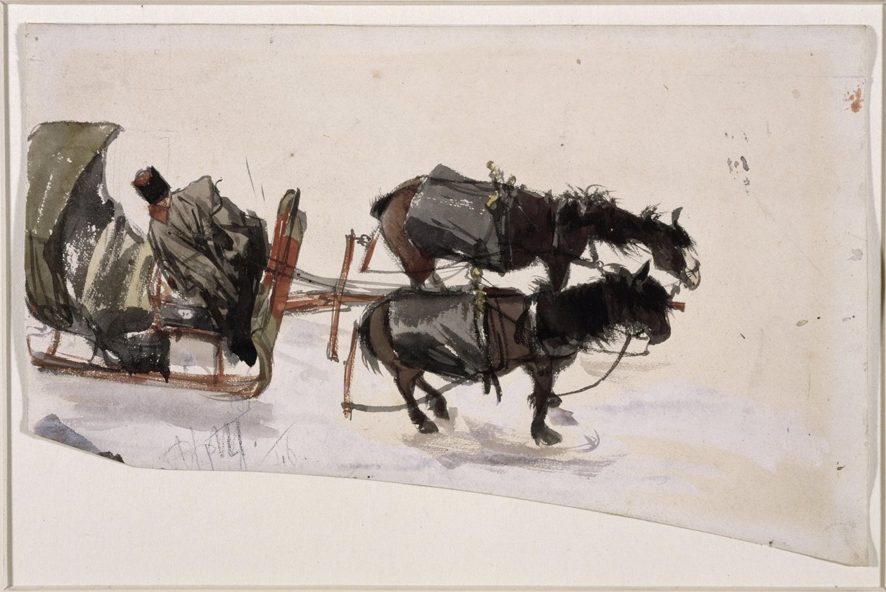 Sledeforspann med to hester og kusk, sett ovenfra av Adolph Menzel