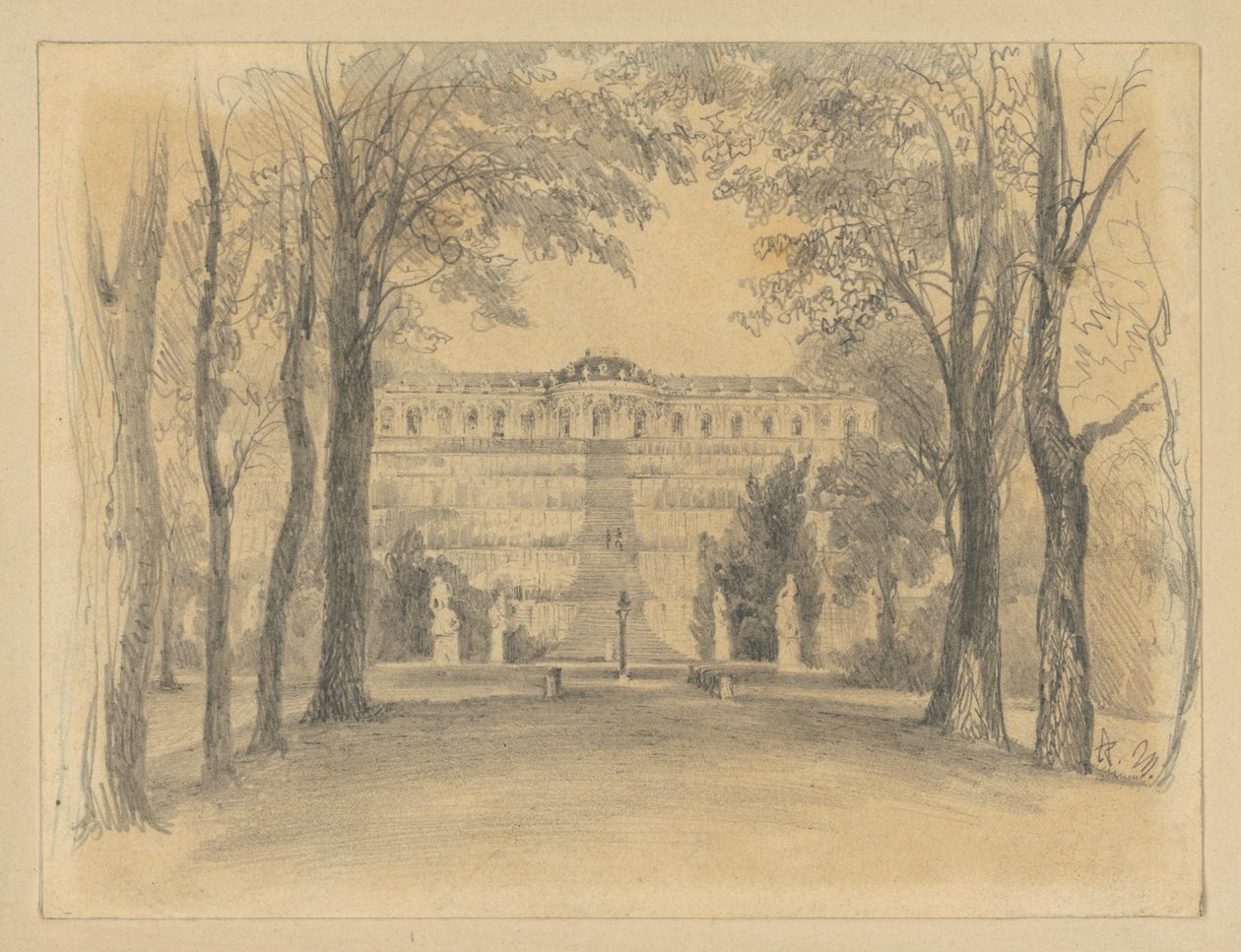 Sanssouci-slottet med terrassene og fontenen av Adolph Menzel