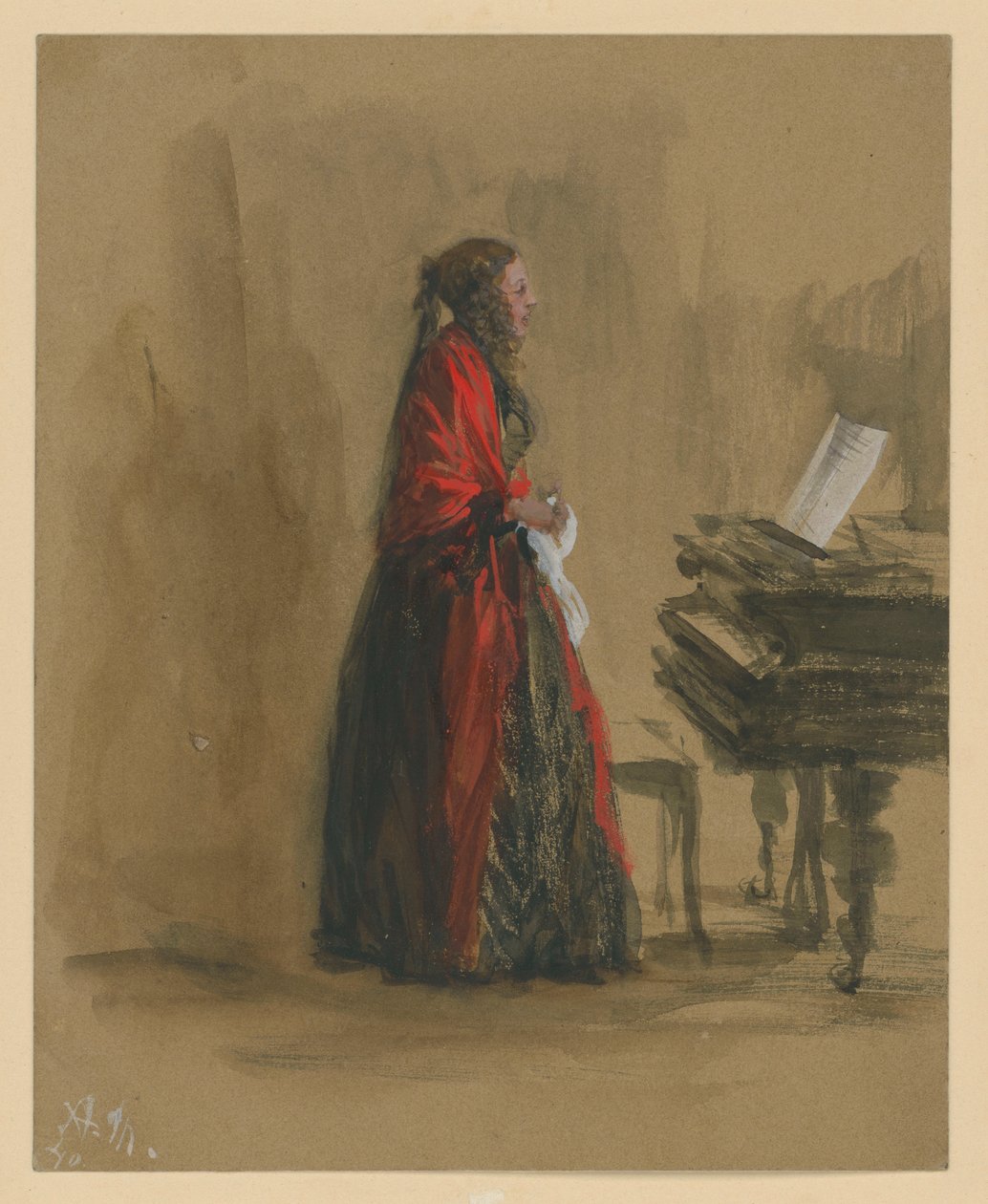 Syngende kvinne stående ved et flygel, i profil mot høyre av Adolph Menzel