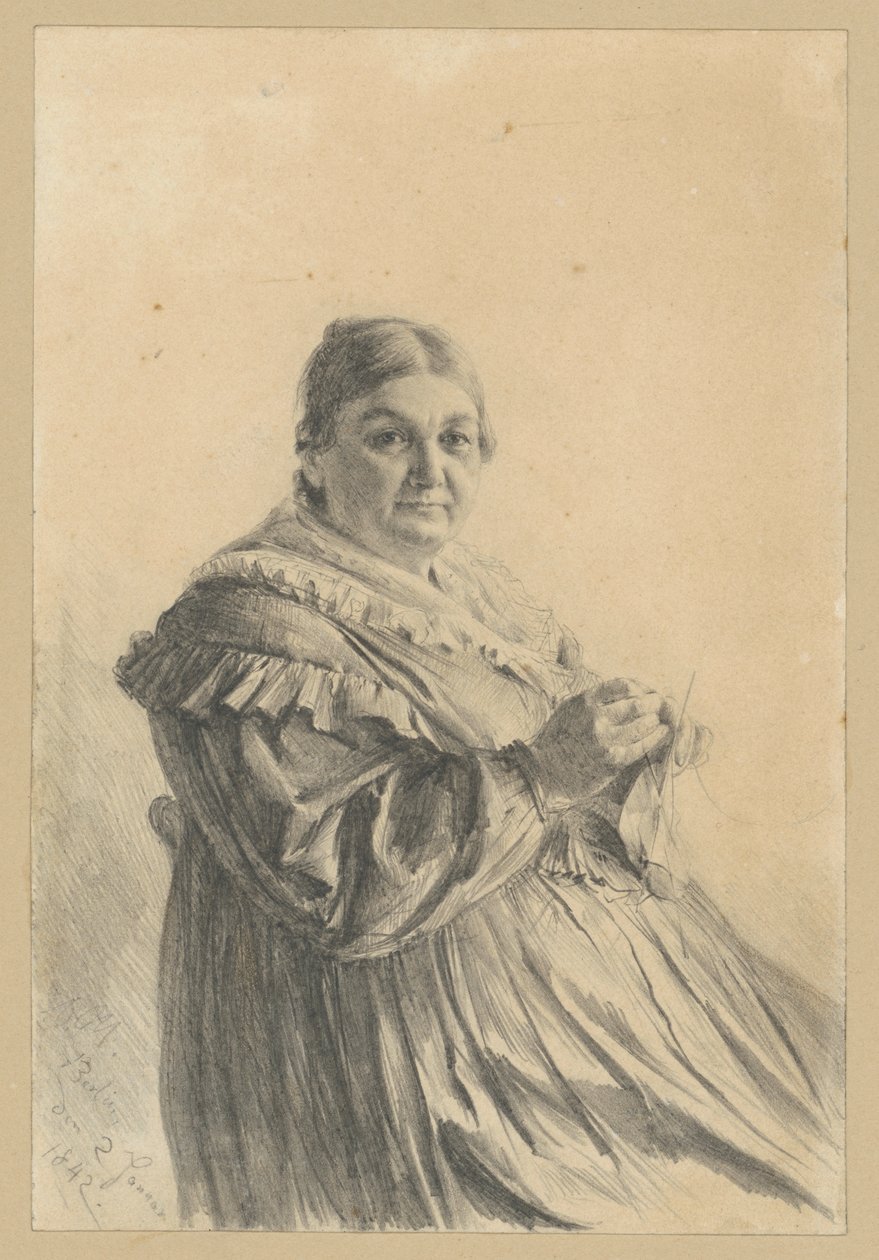 Sittende eldre kvinne med strikkstrømpe av Adolph Menzel