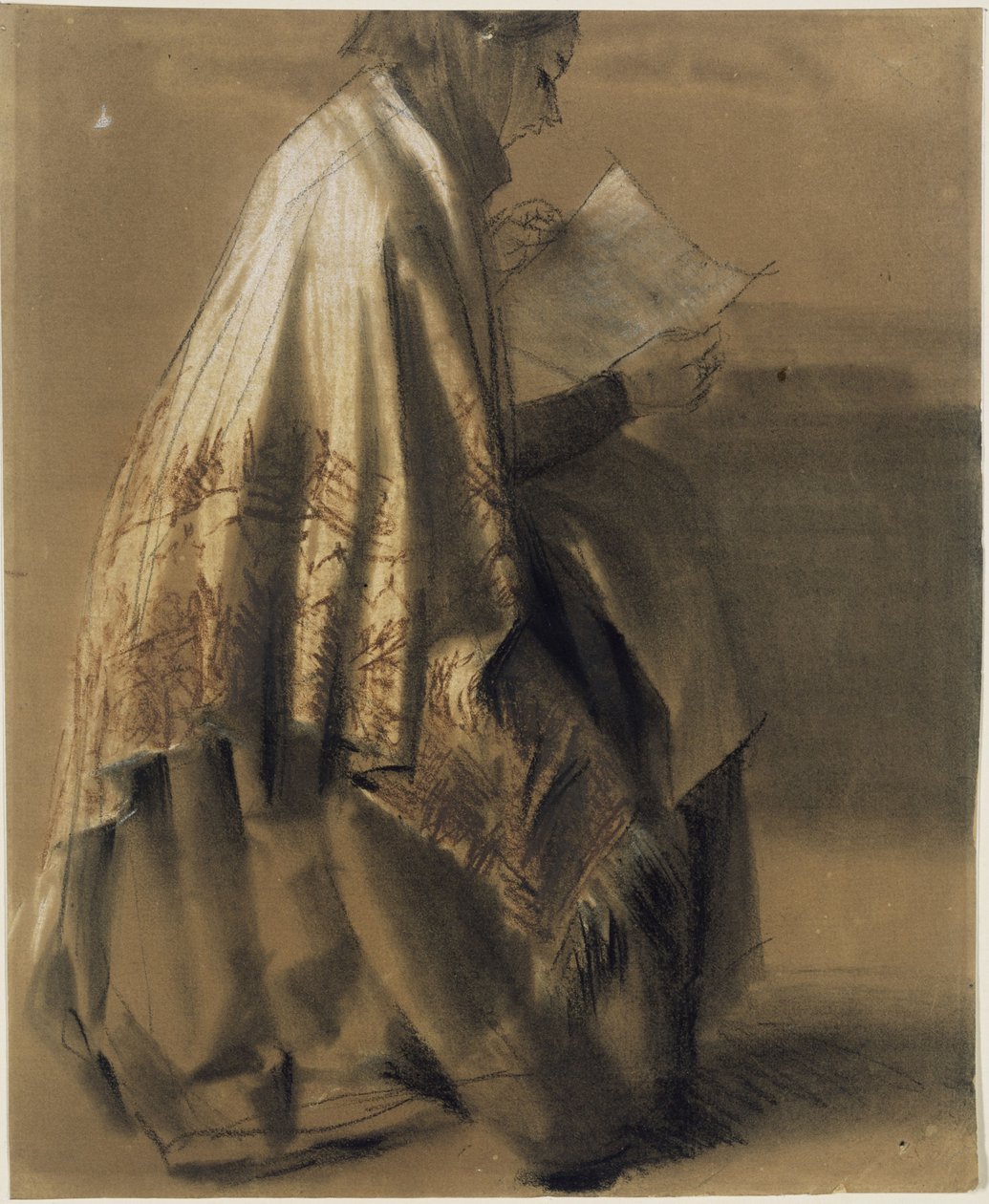 En sittende kvinne som leser, kledd i et vidt sjal av Adolph Menzel