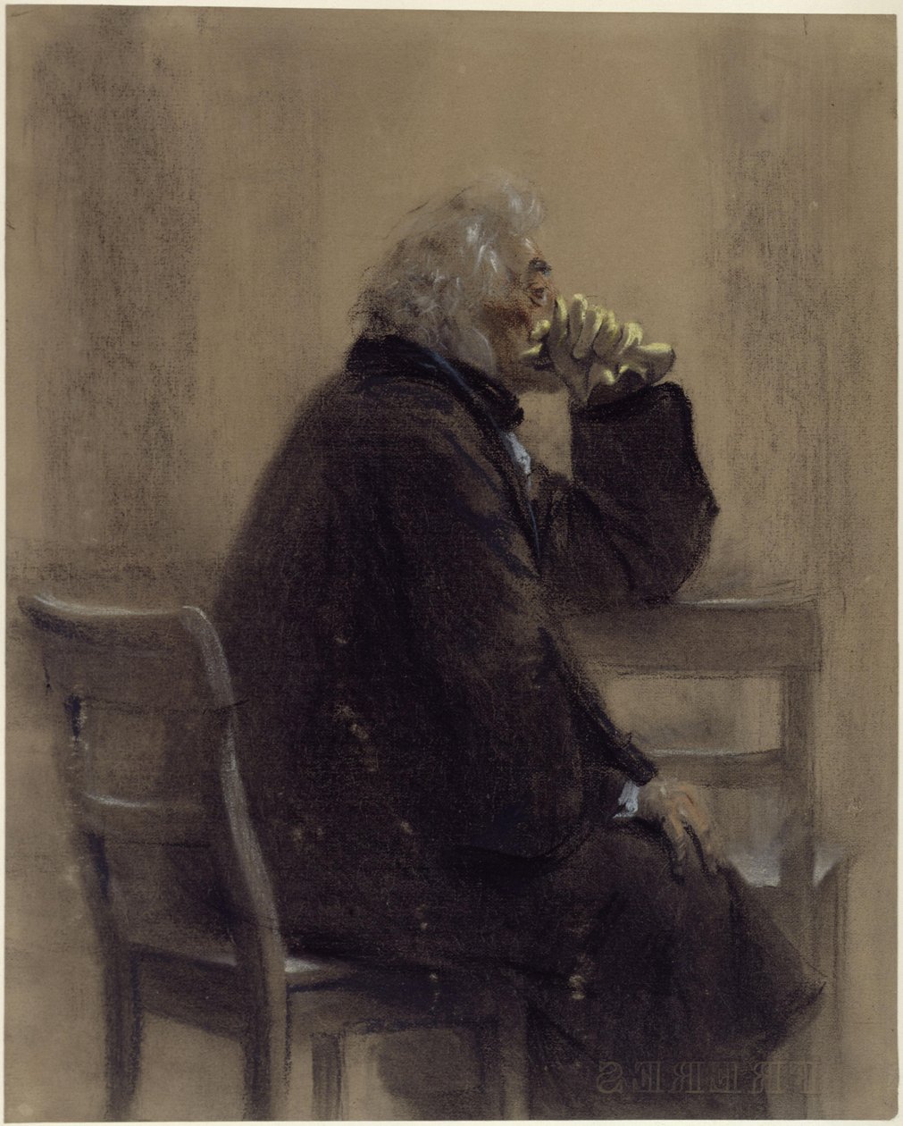Sittende eldre herre i frakk med hansker, knebilde, profil mot høyre av Adolph Menzel