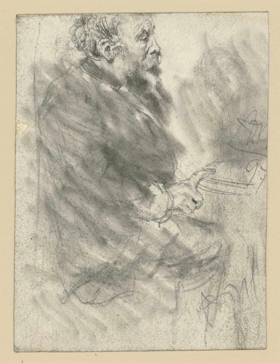 En sittende, skjegget mann, vendt mot høyre, med pekefingeren på høyre hånd utstrakt og hvilende på bordplaten av Adolph Menzel