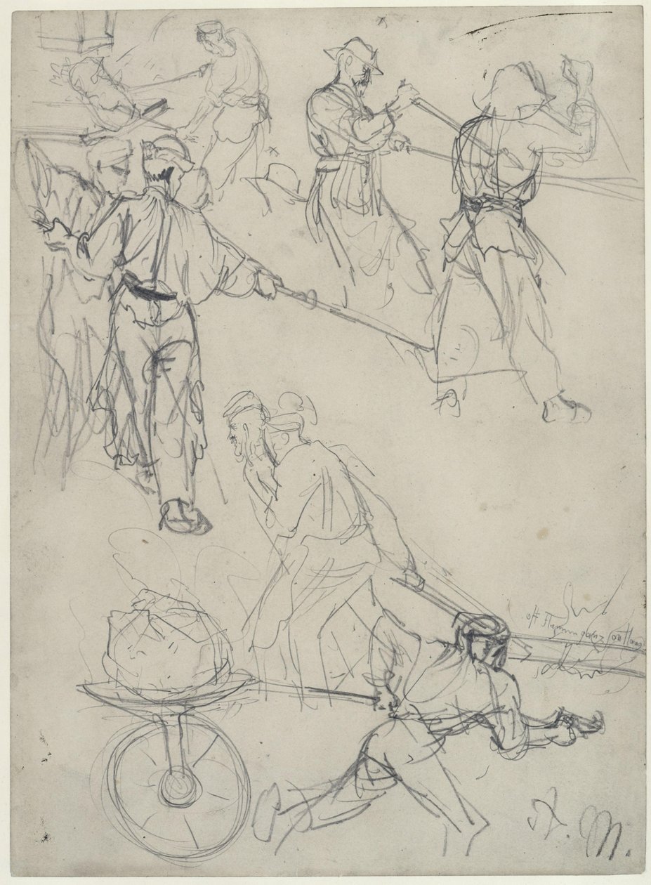 Skisser av arbeidere i ulike arbeidsoppgaver ved valsverket. Studie til «Jernvalsverket. Moderne kykloper» av Adolph Menzel