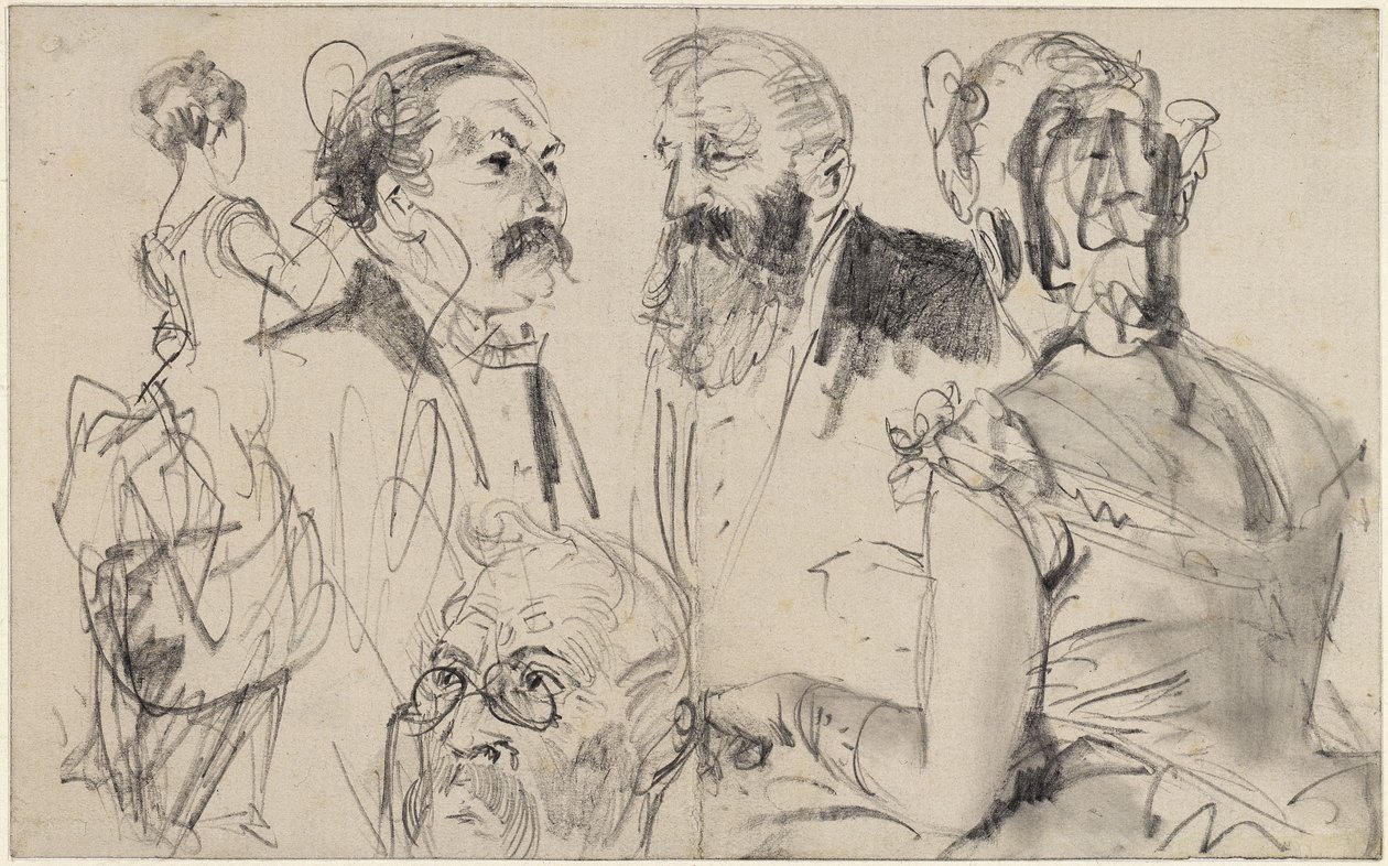 Skisseblad med tre mannsportretter og to kvinnelige ryggfigurer fra et fornemt selskap av Adolph Menzel