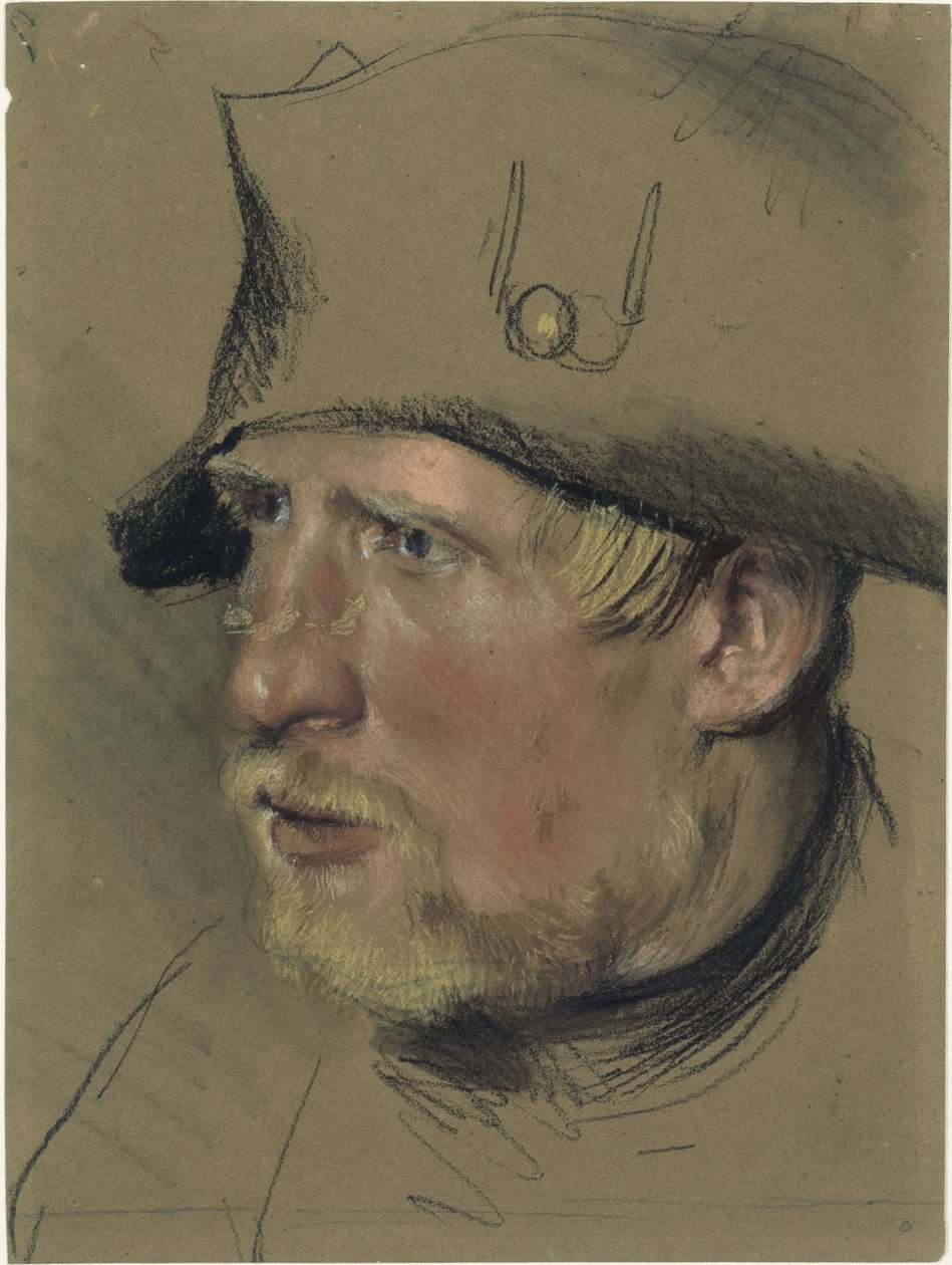 Soldat med blond bart og fippskjegg i trekantet hatt, hodestudie av Adolph Menzel