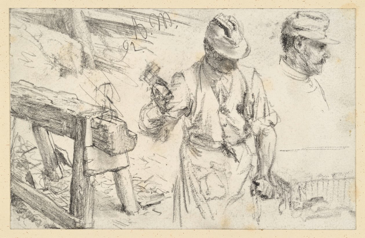 Steinhugger i arbeid, verkstedbukk og detaljer av Adolph Menzel