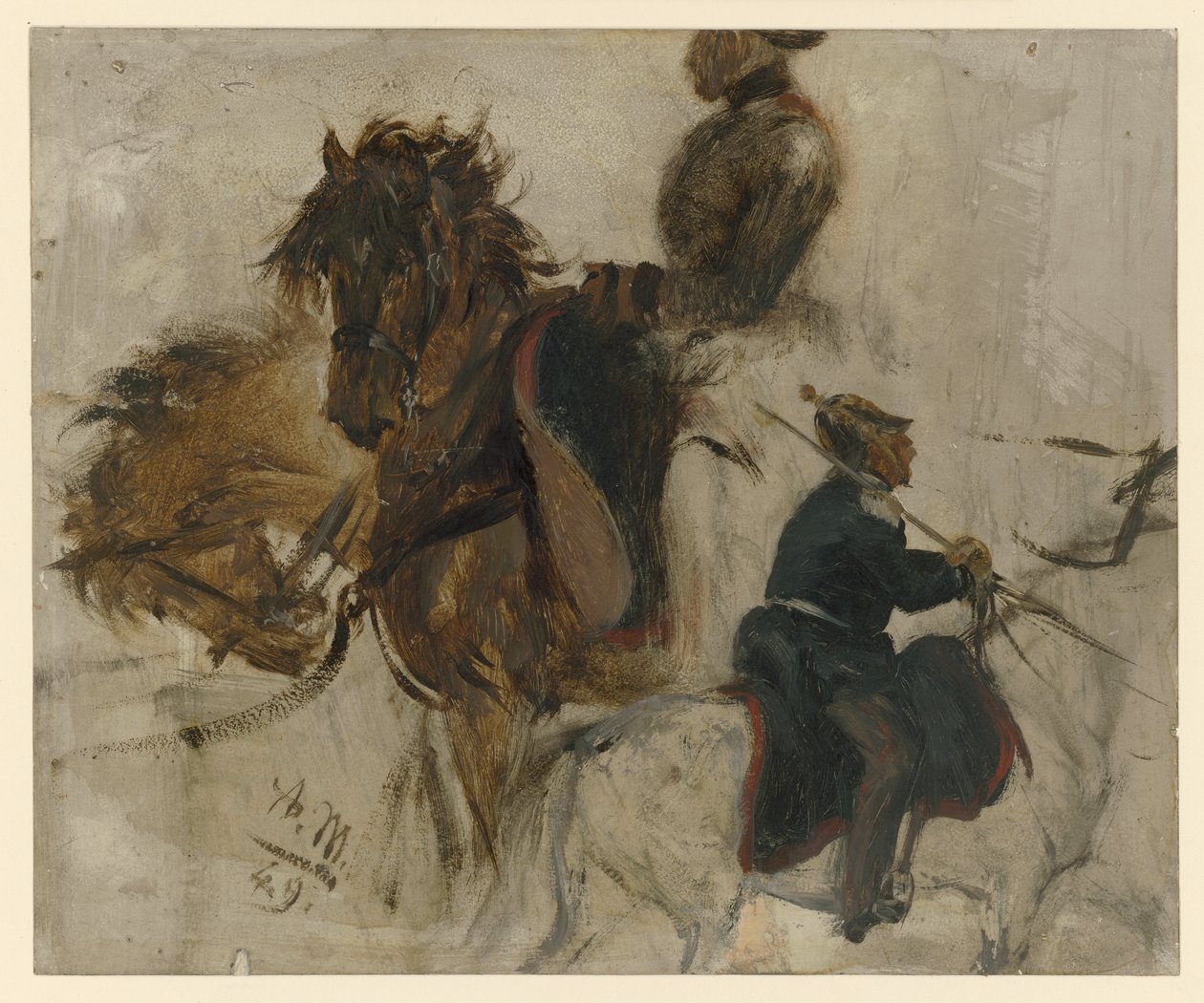 Studie med ridende soldat og hestehoder av Adolph Menzel