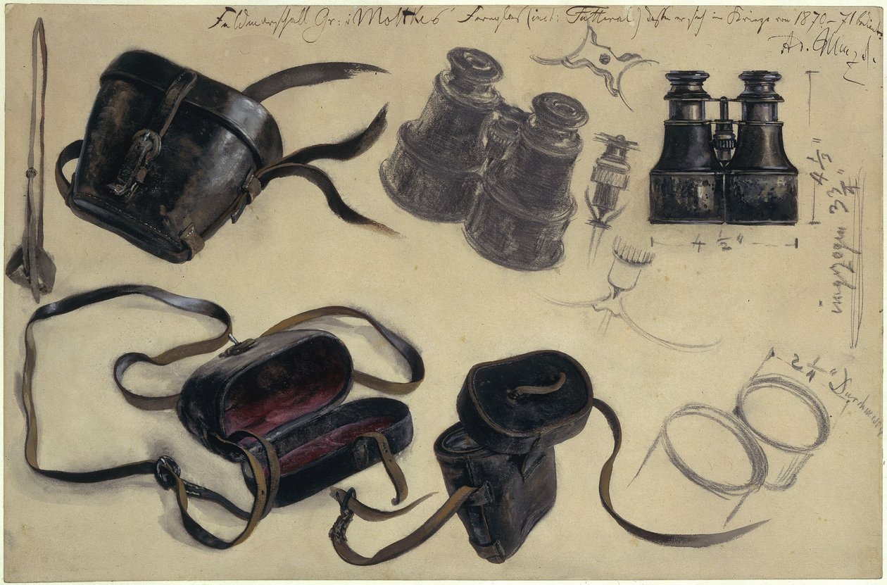Studie etter feltmarskalk grev von Moltkes kikkert, etui og detaljer, med notater av Adolph Menzel