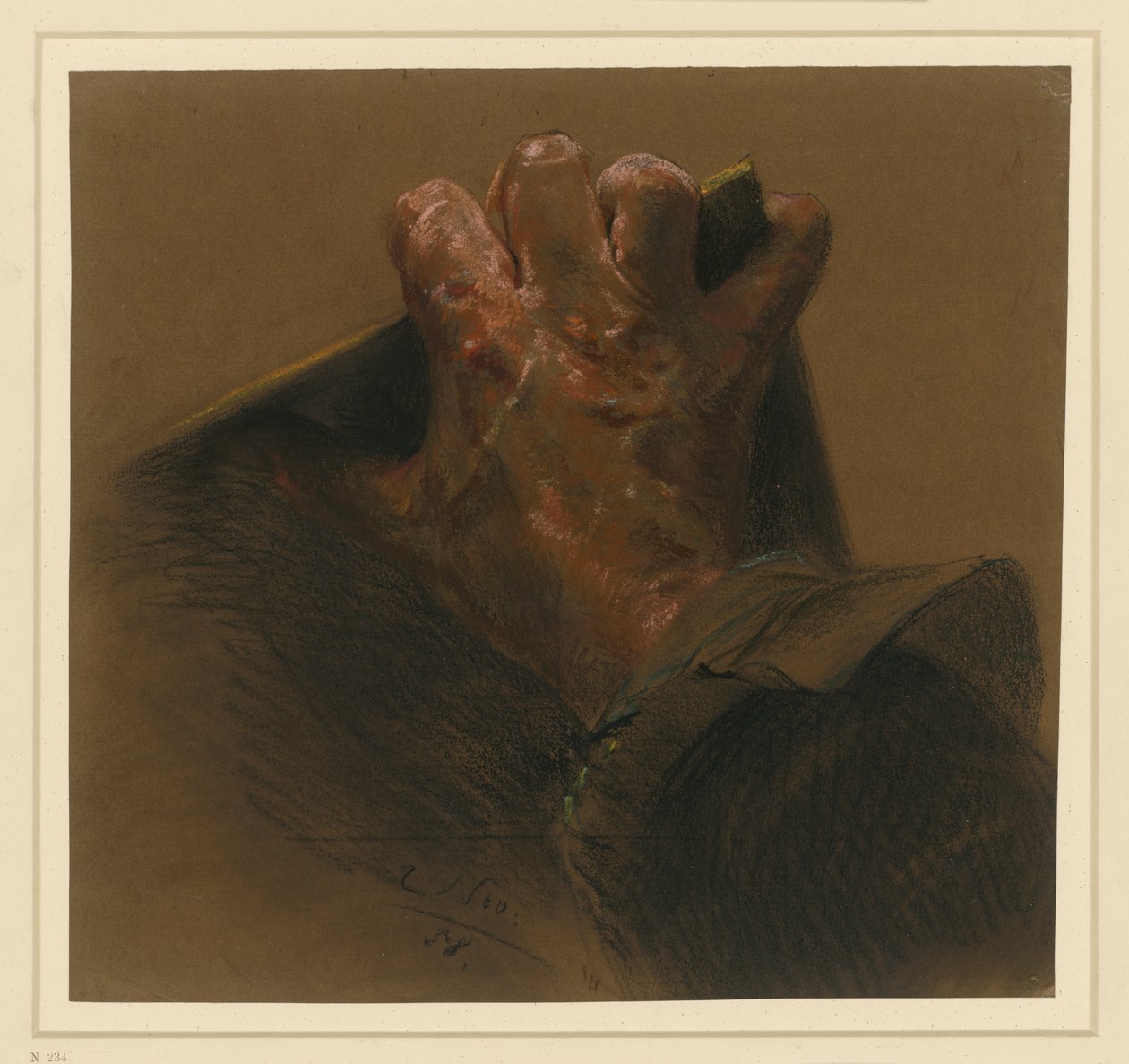 Studie etter en mannlig høyre hånd som griper over kantene på en plate av Adolph Menzel