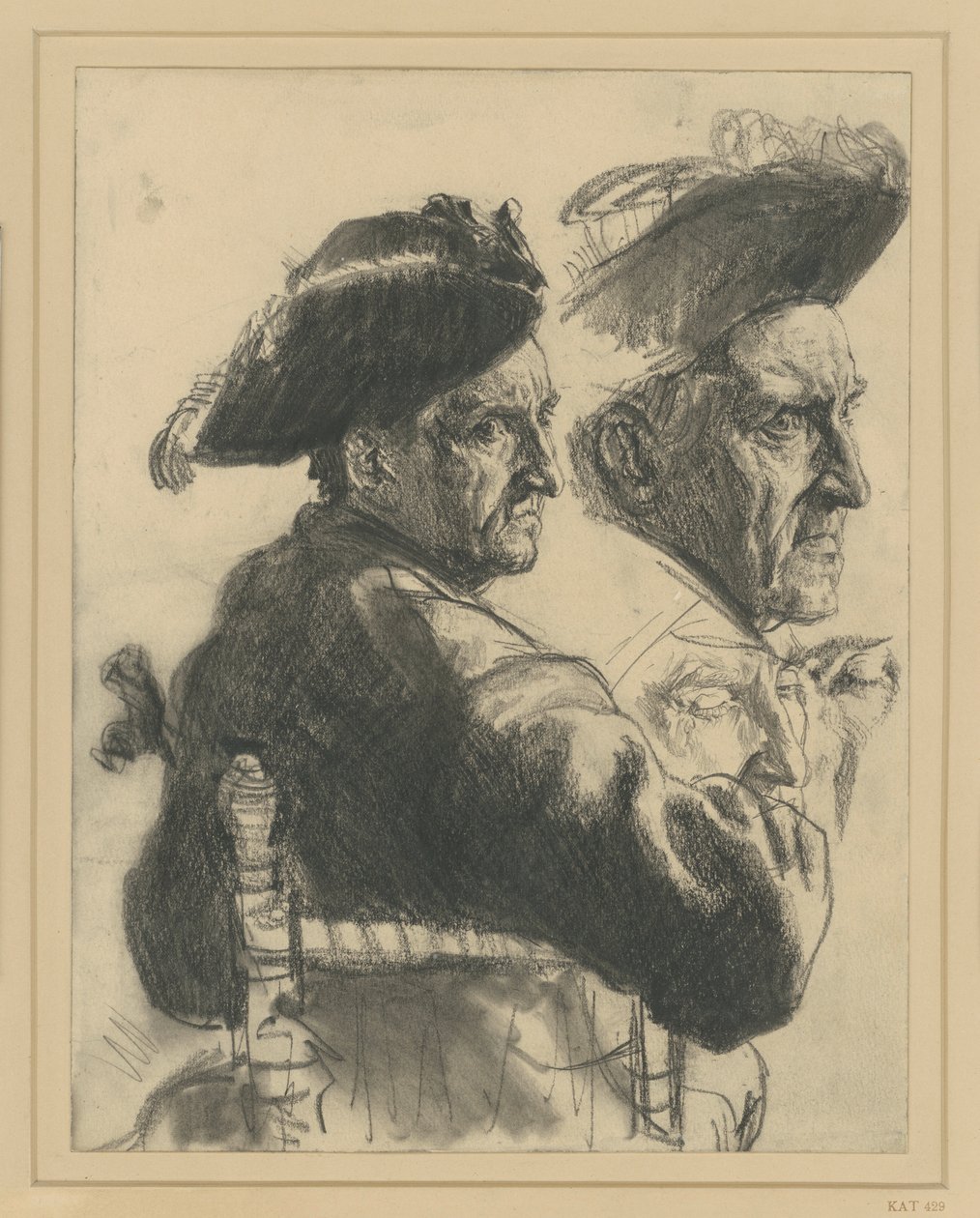 Studieark: sittende offiser sett bakfra, hodestudie, detaljer av ansiktet av Adolph Menzel