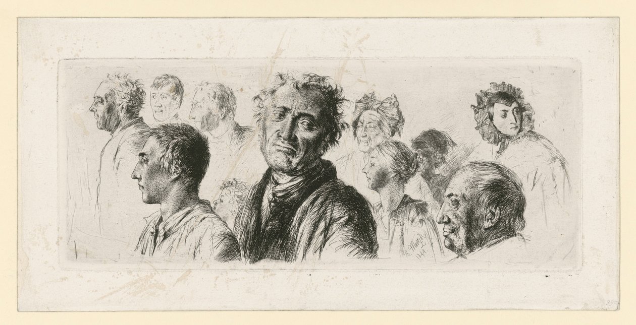 Studieark fra galehuset. Ti hoder, for det meste vendt mot venstre av Adolph Menzel