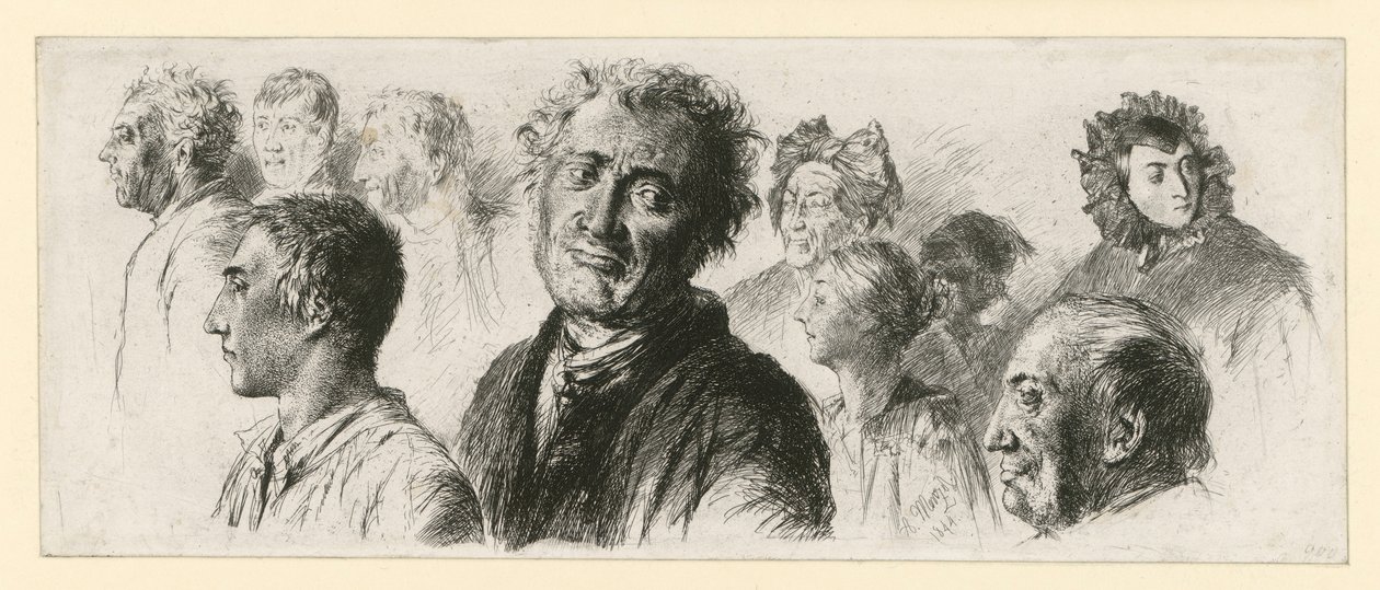 Studieark fra galehuset. Ti hoder, for det meste vendt mot venstre av Adolph Menzel