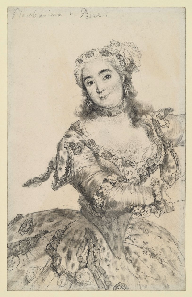 Danserinnen Barbarina i dansende bevegelse. Portrett til knærne en face. Kopi etter Pesne i Sanssouci. av Adolph Menzel