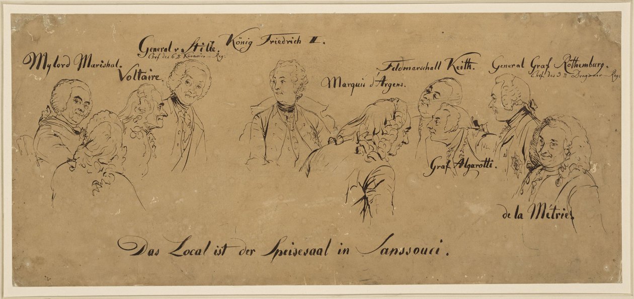 Rundbord: Spisesalen i Sanssouci, personnavn av Adolph Menzel