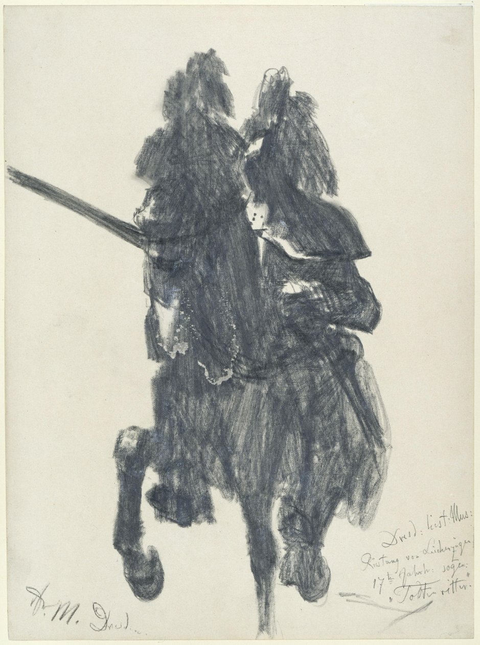 «Todtenritter». Rytterfigur med turneringsrustning fra slutten av 1500-tallet og lanse, utstilt på Historisk museum i Dresden av Adolph Menzel