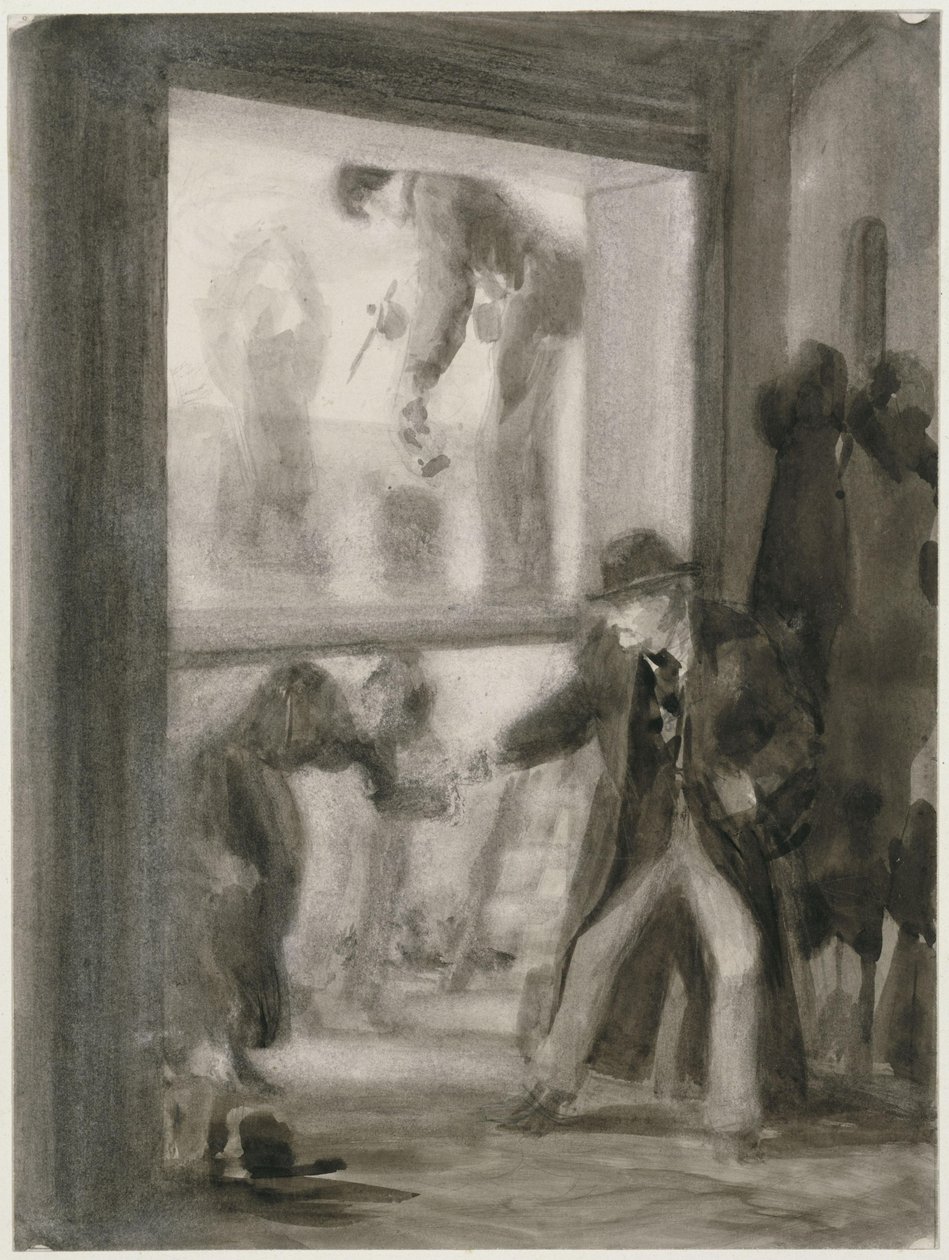 Transparentmaling på akademiet, i forgrunnen rekker en herre med filthatt hånden til en foroverbøyd kvinnelig figur av Adolph Menzel