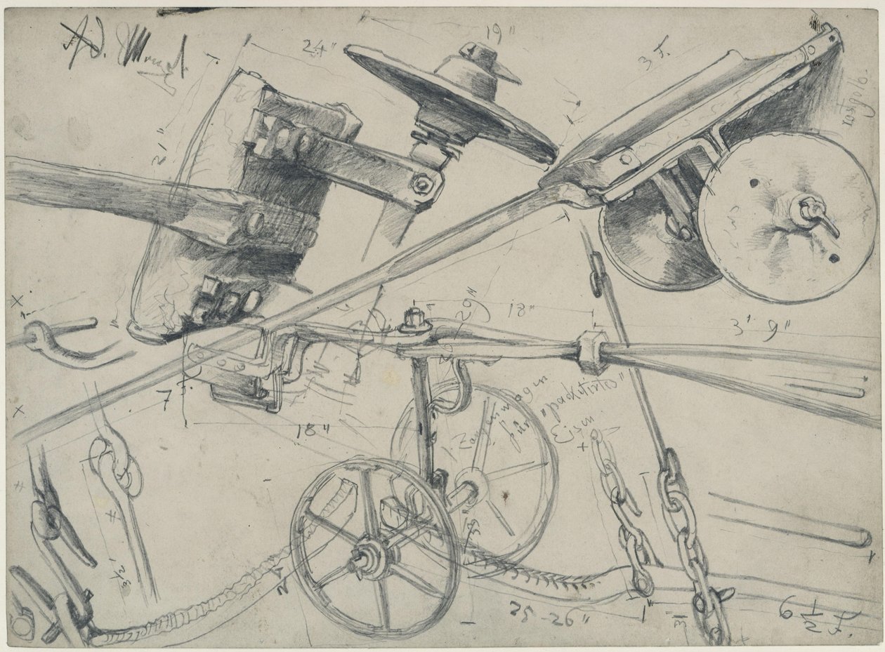 Transportvogn med detaljer og mål. Studie til «Jernvalseverket. Moderne kykloper» av Adolph Menzel