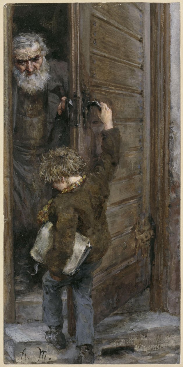 Far og sønn ved døren. Fra «Barnealbumet» av Adolph Menzel