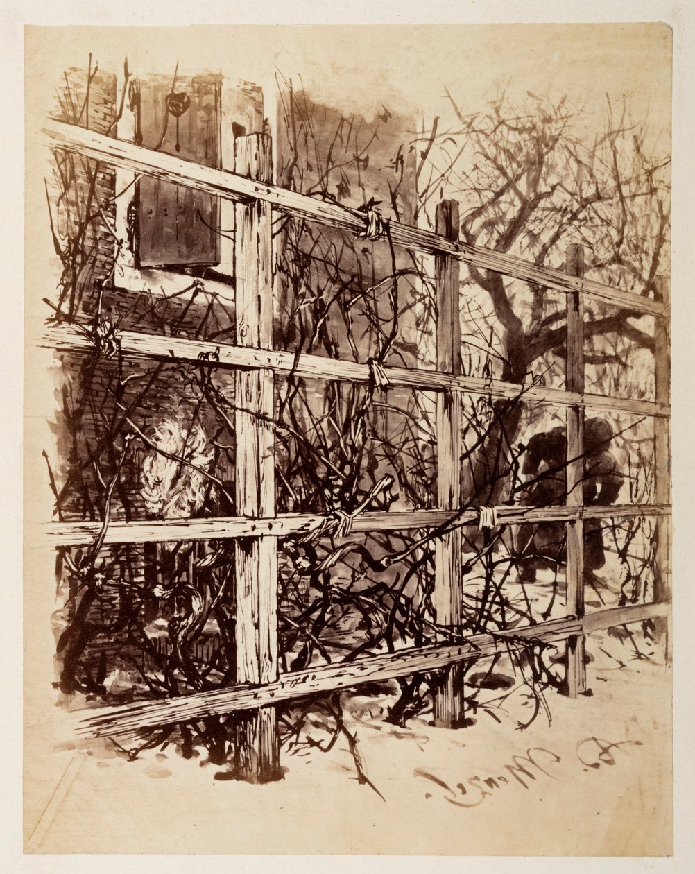 Et espalier foran et hus, med en parykk hengende i det, til Heinrich von Kleists «Den knuste krukken» av Adolph Menzel
