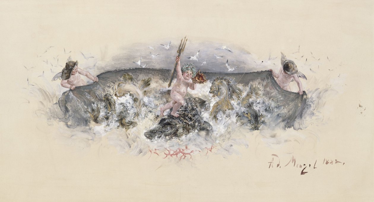 Utkast til dekorasjon av fiskefatet i bordserviset til kronprinsparets sølvbryllup av Adolph Menzel